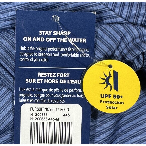 Huk Pursuit Novelty Polo Men’s M Blue Striped Performance Fishing UPF 50 Stretch - Picture 5 of 7